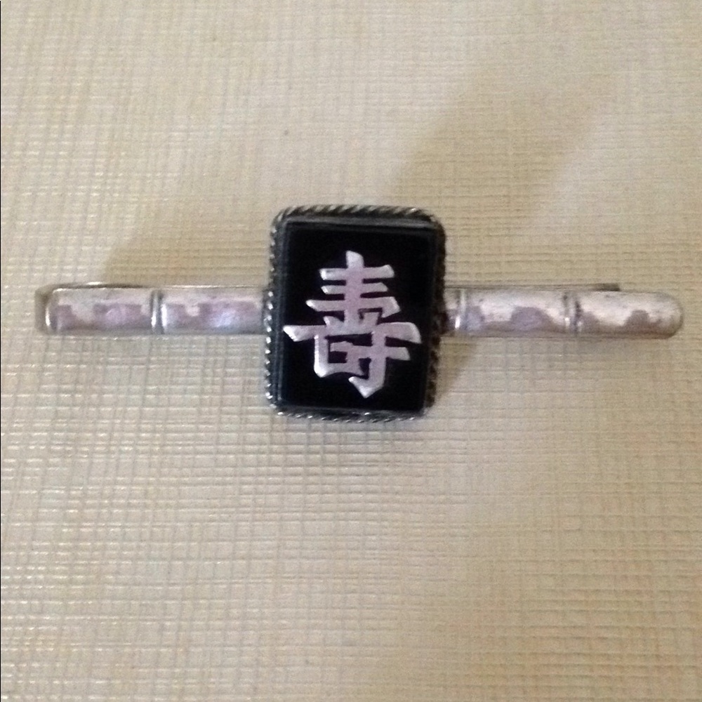 Longevity Tie Money Clip Silver Vintage Onyx Stone Japanese